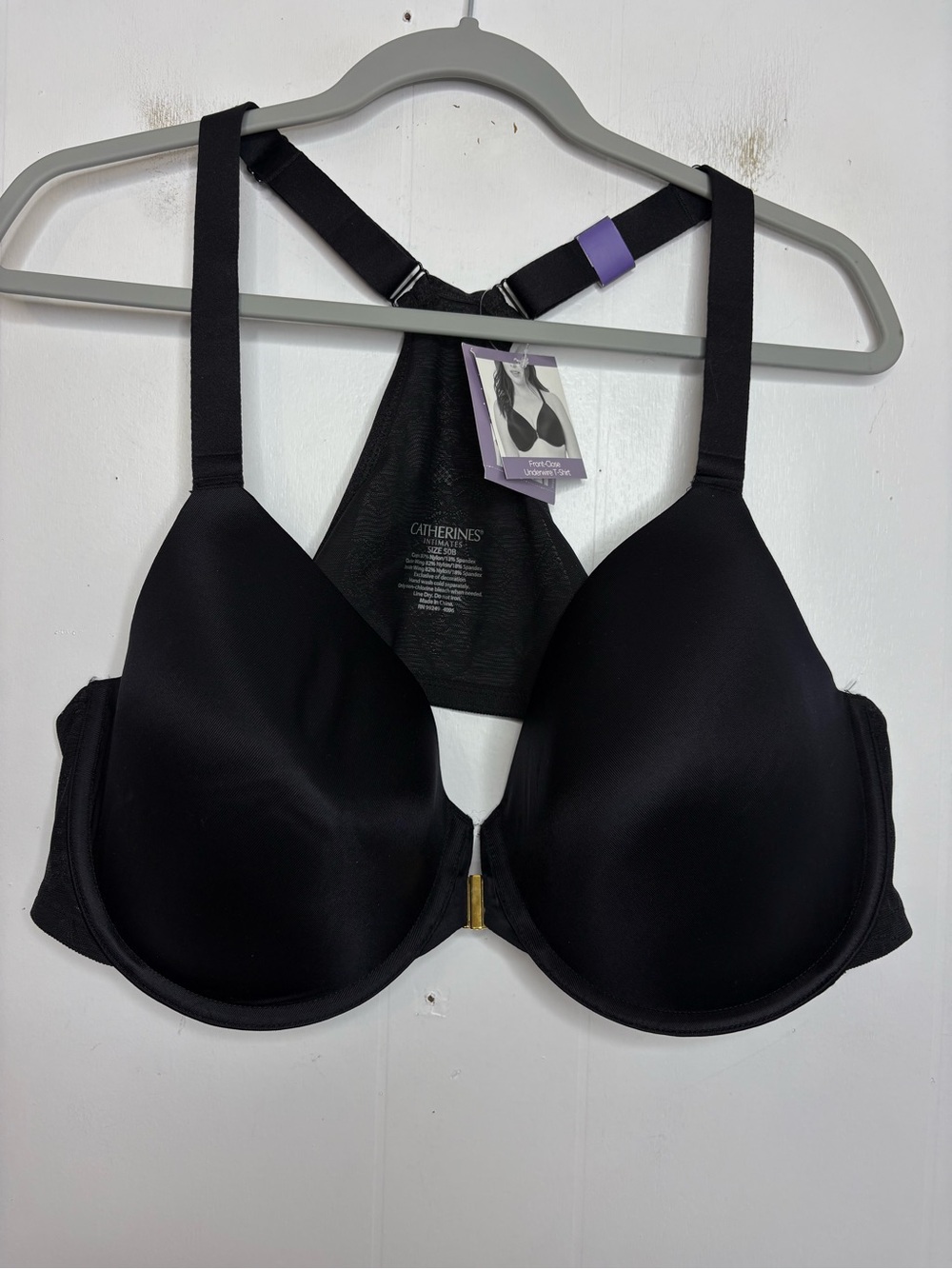 Catherines Bra Womens 50B Black Y Racerback Front Close T Shirt Underwire